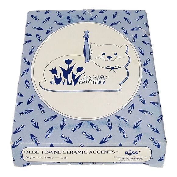 Vintage Russ Berrie Cat Ornament Blue Ceramic Floral Christmas Collectible Gift - Picture 6 of 8